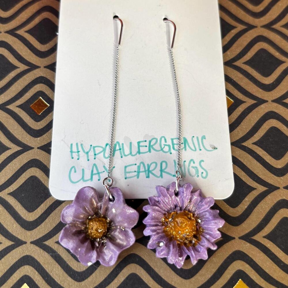 Set of Silver Threader Earrings, Purple Flower Jewelry, Mismatched Earrings - Picture 3 of 5